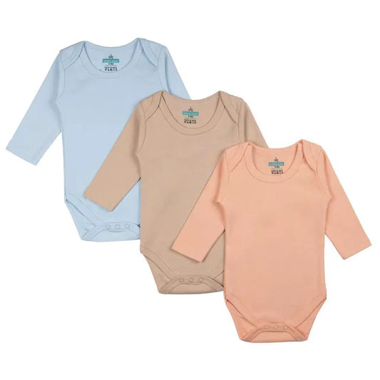 Babies Basic Long Sleeves Romper Bodysuit Pack of 3 - Blue, Brown And Orange