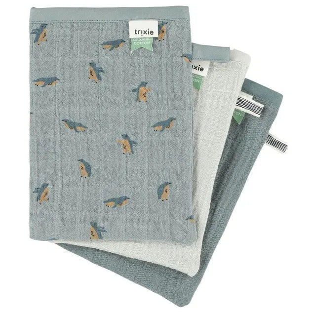 Trixie Muslin Washcloths 3-Pack Mix - Peppy Penguins
