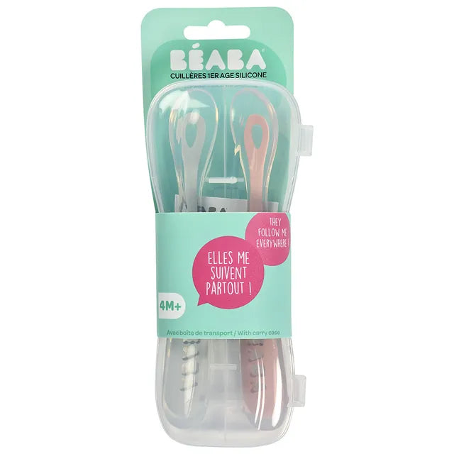 Beaba Silicone Spoon 1st Age Pack of 2 + Box - Old Pink