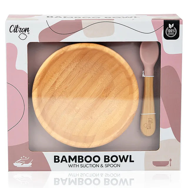 Citron Organic Bamboo Plate Suction + Spoon - Blush Pink