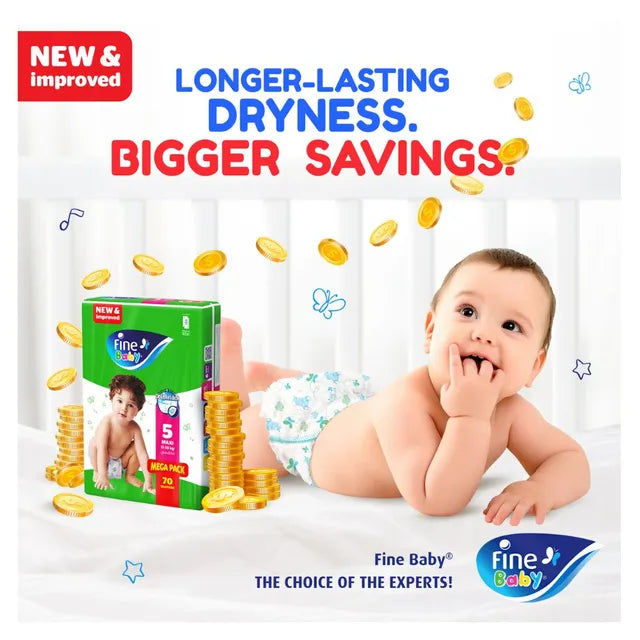 Fine Baby Diapers - Size 5 | Maxi | 11-18kg | 70pcs - Laadlee
