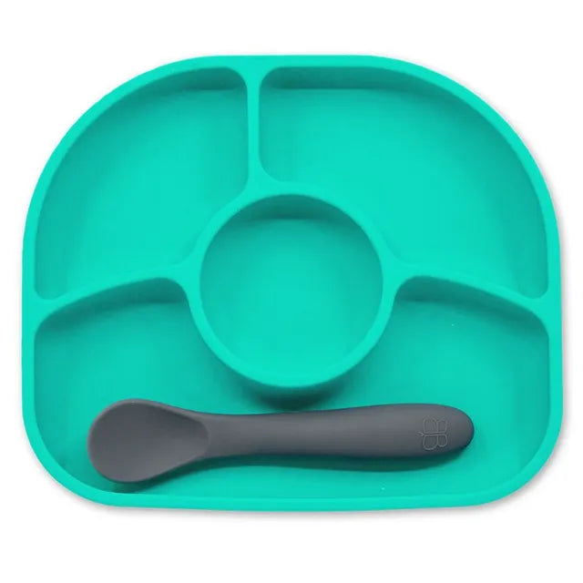 Bbluv Yumi Anti-Spill Silicone Plate & Spoon Set - Aqua Blue - Laadlee