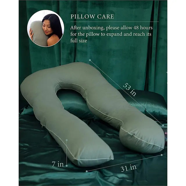 Pharmedoc U-Shape Full Body Pregnancy Pillow With Jersey Cotton Cover - Sage - Laadlee