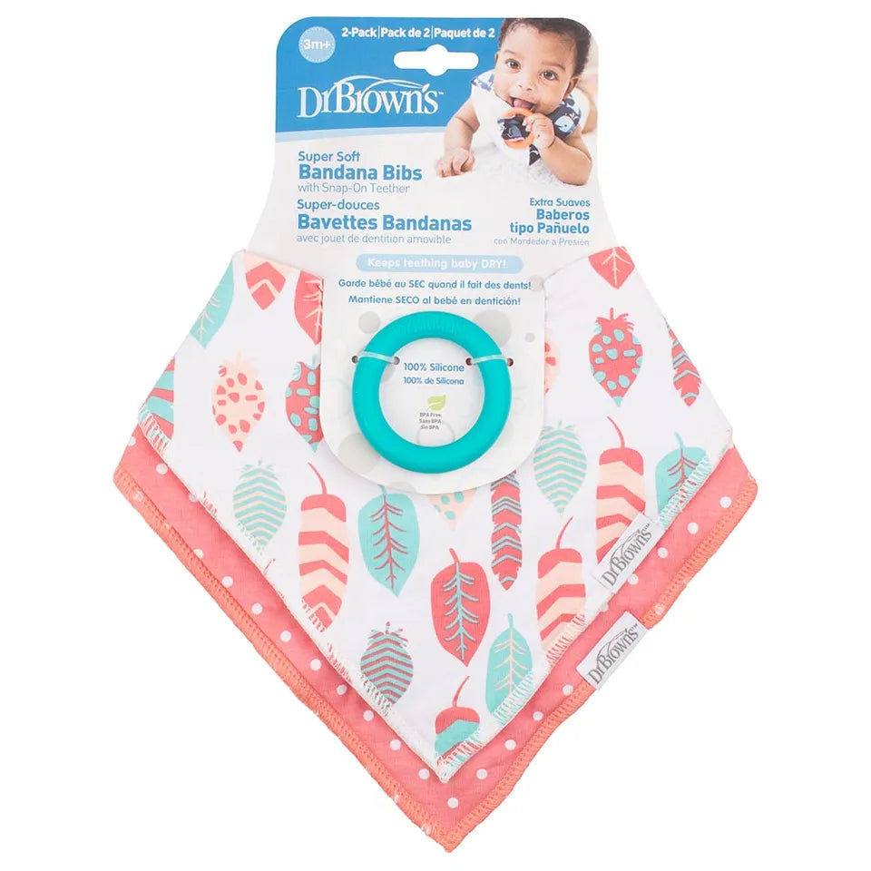 Dr. Brown's Bandana Bib with Teether - Flowers/Pink stripes Pack of 2 - Laadlee
