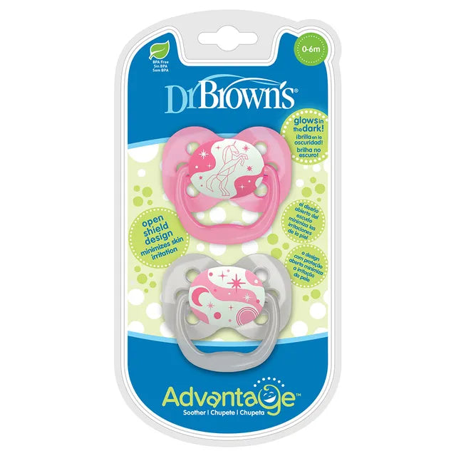 Dr. Brown's Advantage Stage 1 Glow In The Dark Pacifier- Pack of 2 - Pink
