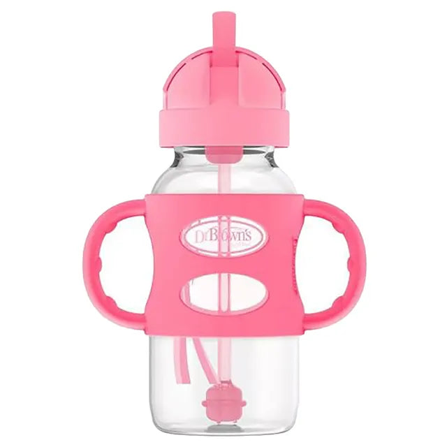 Dr. Brown's PP Wide Neck Sippy Straw Bottle with Silicone Handles 270ml - Pink - Laadlee