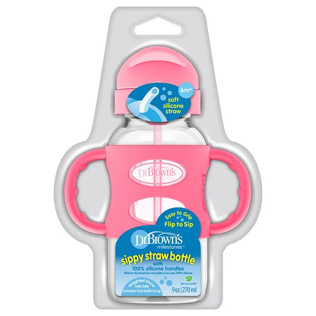 Dr. Brown's PP Wide Neck Sippy Straw Bottle with Silicone Handles 270ml - Pink - Laadlee