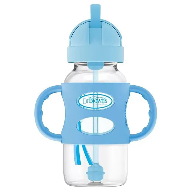 Dr. Brown's PP Wide Neck Sippy Straw Bottle w/ Silicone Handles 270ml - Blue - Laadlee
