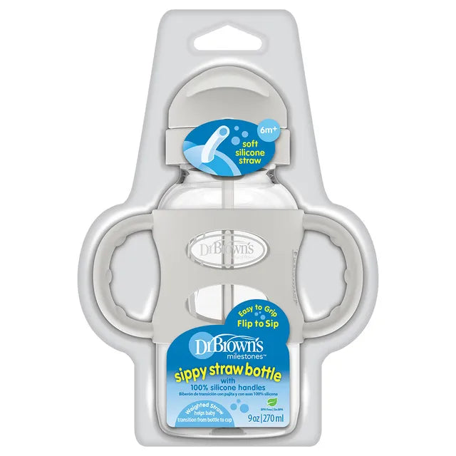 Dr. Brown's PP Wide Neck Sippy Straw Bottle with Silicone Handles 270ml - Gray - Laadlee