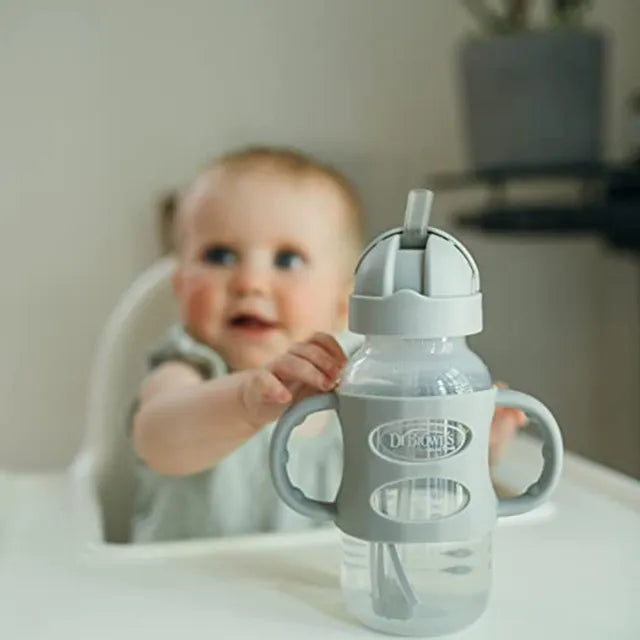 Dr. Brown's PP Wide Neck Sippy Straw Bottle with Silicone Handles 270ml - Gray - Laadlee