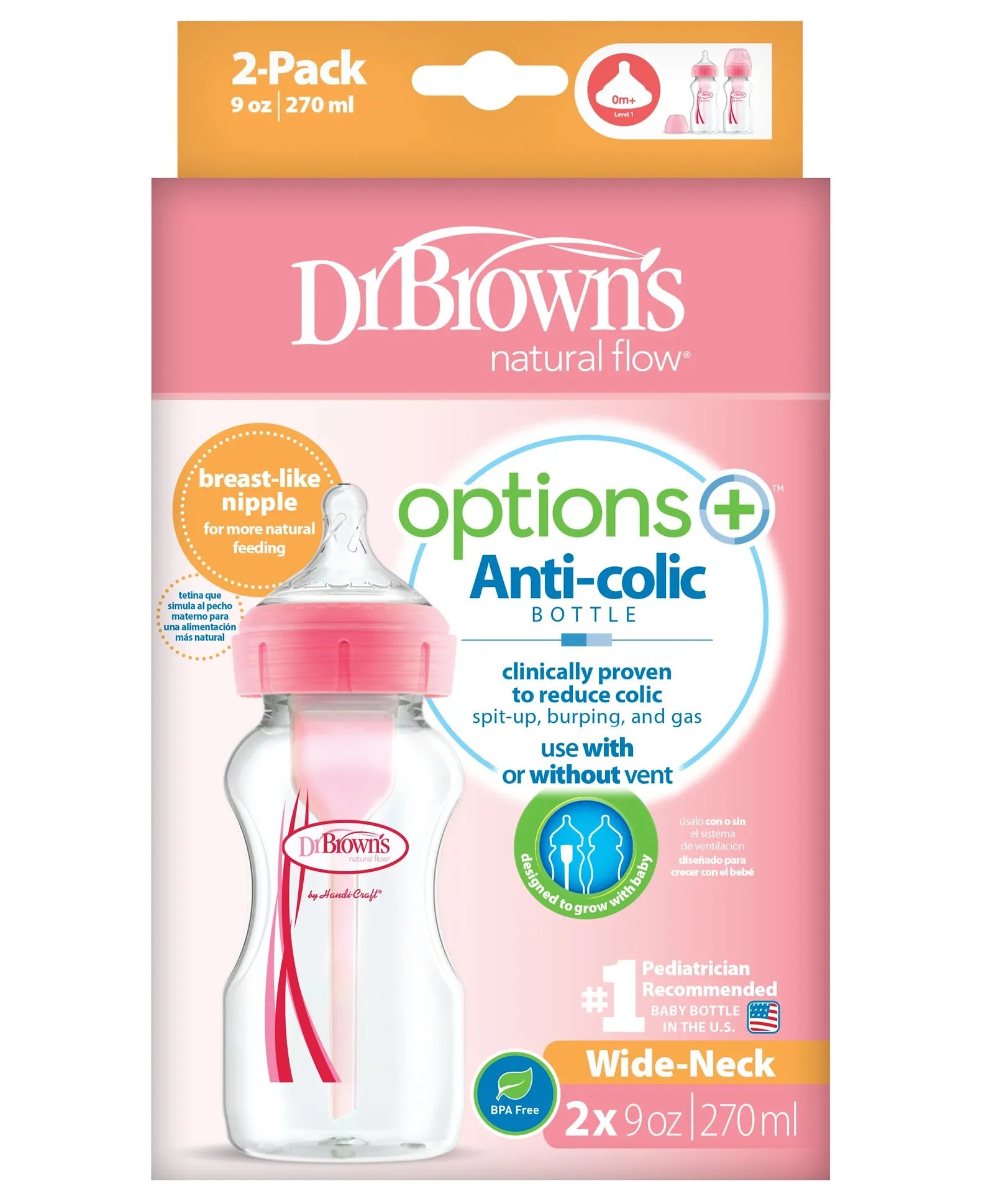 Dr. Brown's PP Wide Neck Options+ Bottle 270ml - Pink, - Laadlee