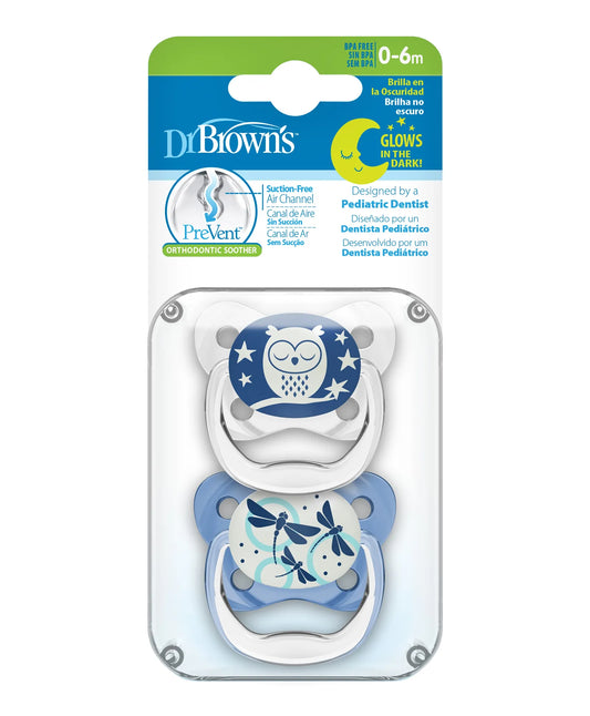 Dr. Brown's Prevent Stage 1 Glow In The Dark Butterfly Shield Pacifier Pack of 2 - Blue