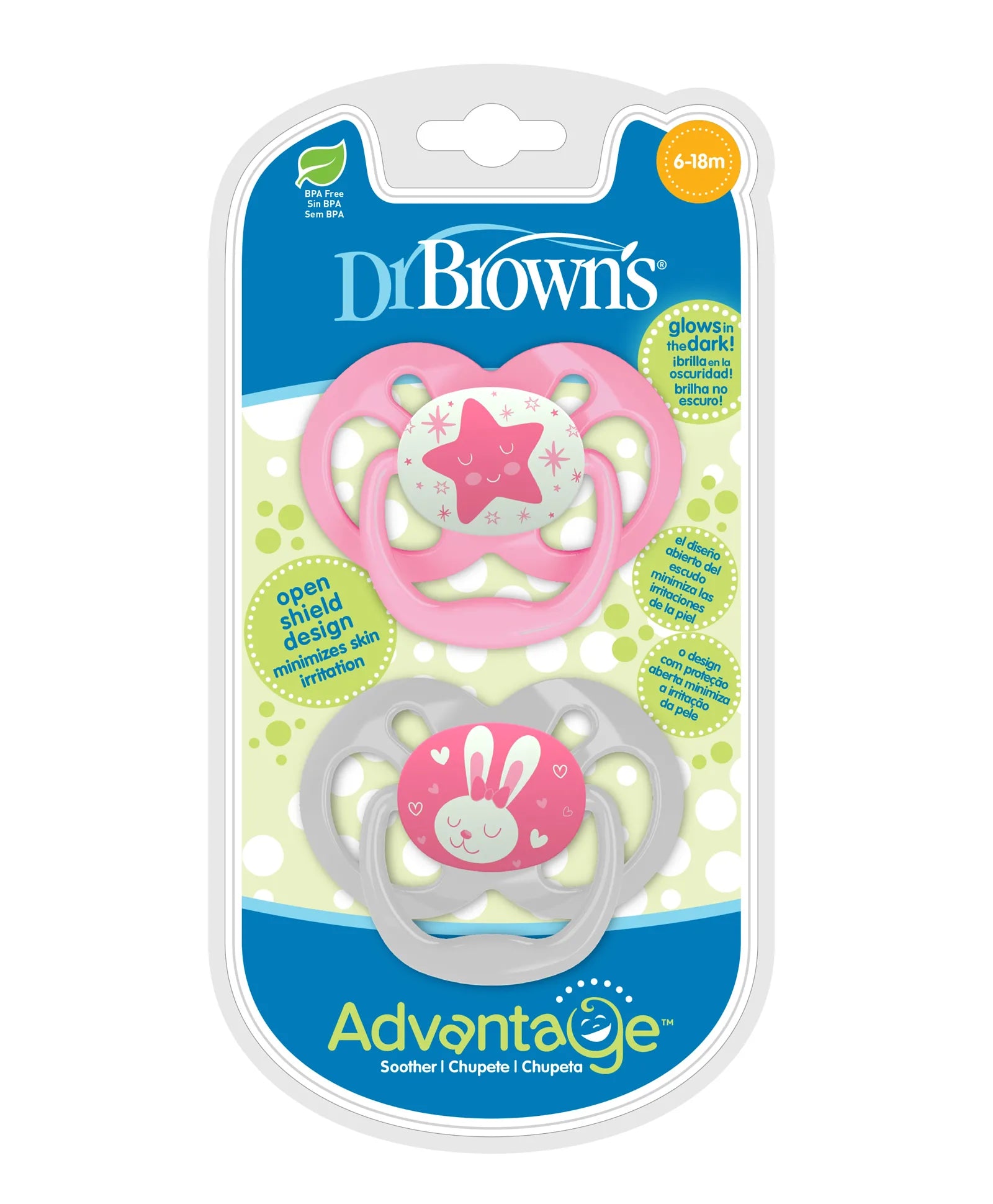 Dr. Brown's Advantage Stage 2 Glow In The Dark Pacifier- Pack of 2 - Pink - Laadlee