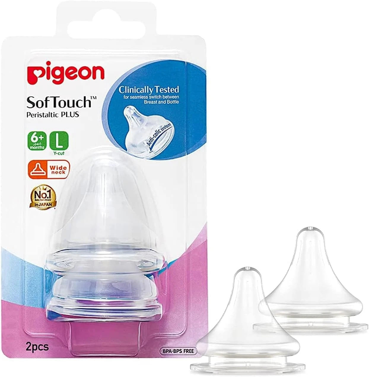 Pigeon Wide Neck Peristaltic Plus Nipple (L) - Pack of 2