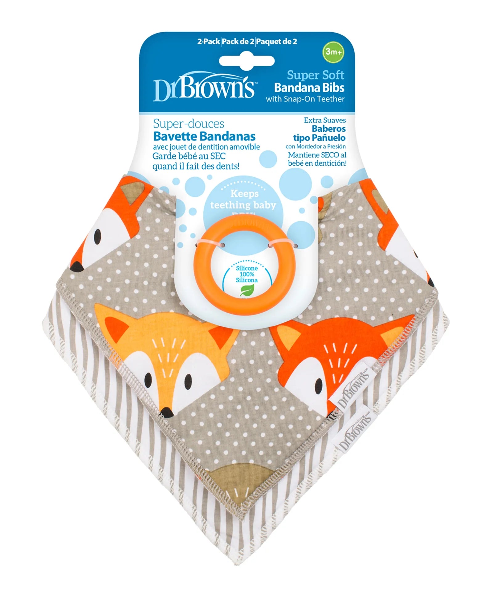 Dr. Brown's Bandana Bib With Teether - Fox / Stripes - Pack of 2 - Laadlee