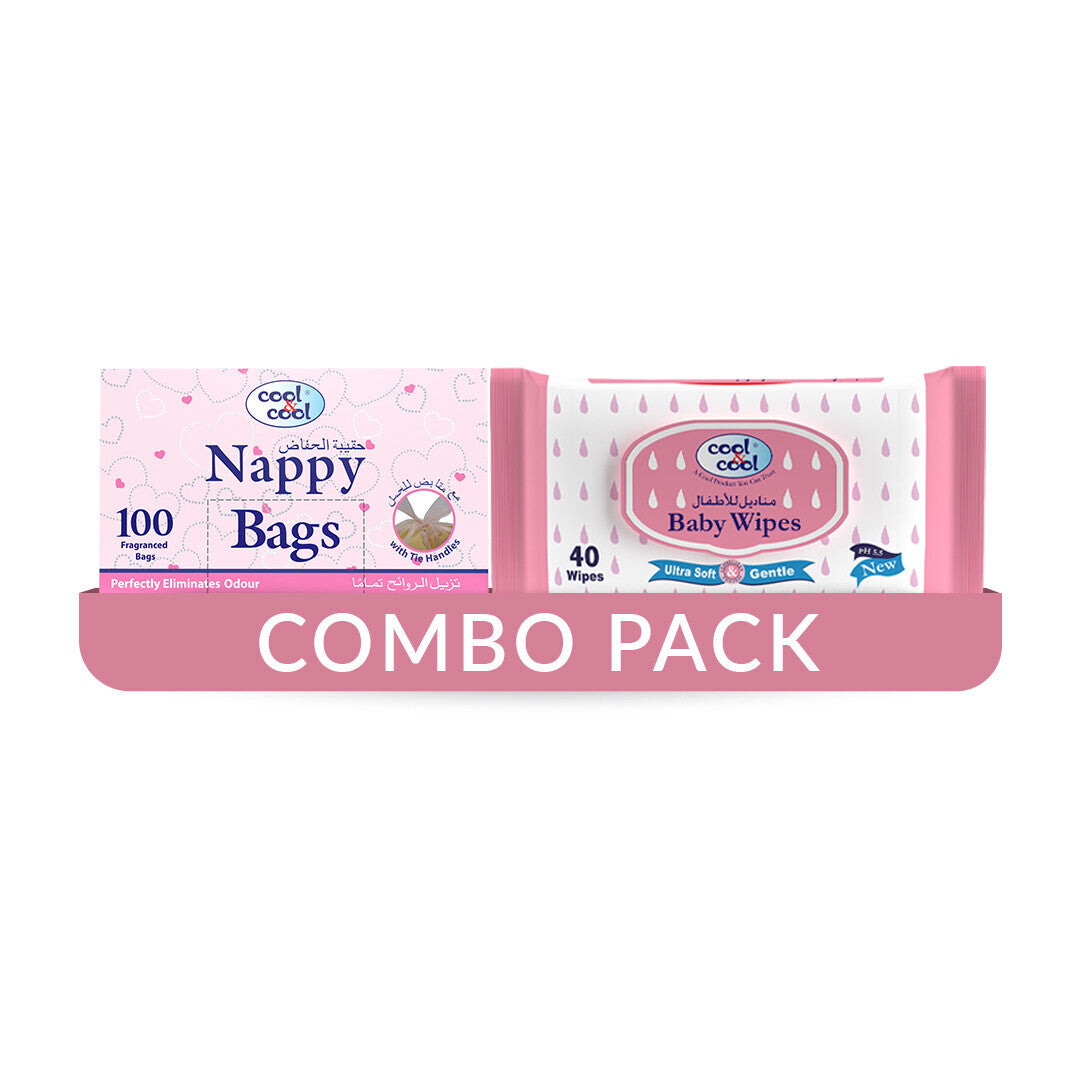 Cool & Cool Nappy Bags 100pcs + Baby Wipes Alcohol Free - Combo Pack