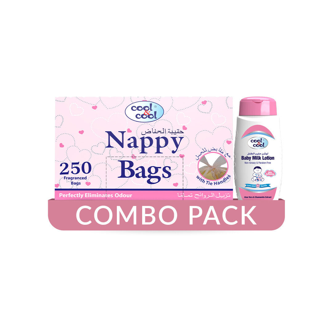 Cool & Cool Nappy Bags 250pcs + Baby Milk Lotion 100ml - Combo Pack