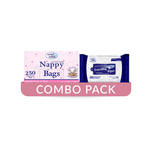 Cool & Cool Nappy Bags 250pcs + Travelling Wipes - Combo Pack