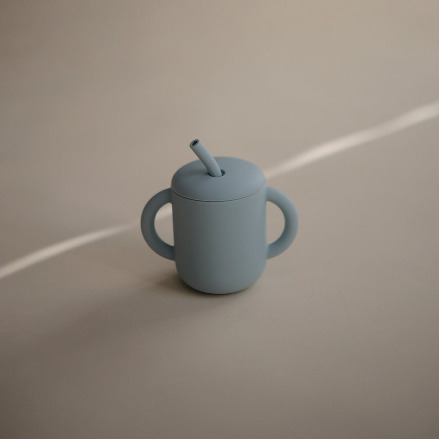 Mushie Silicone Training Cup + Straw Powder Blue - Laadlee