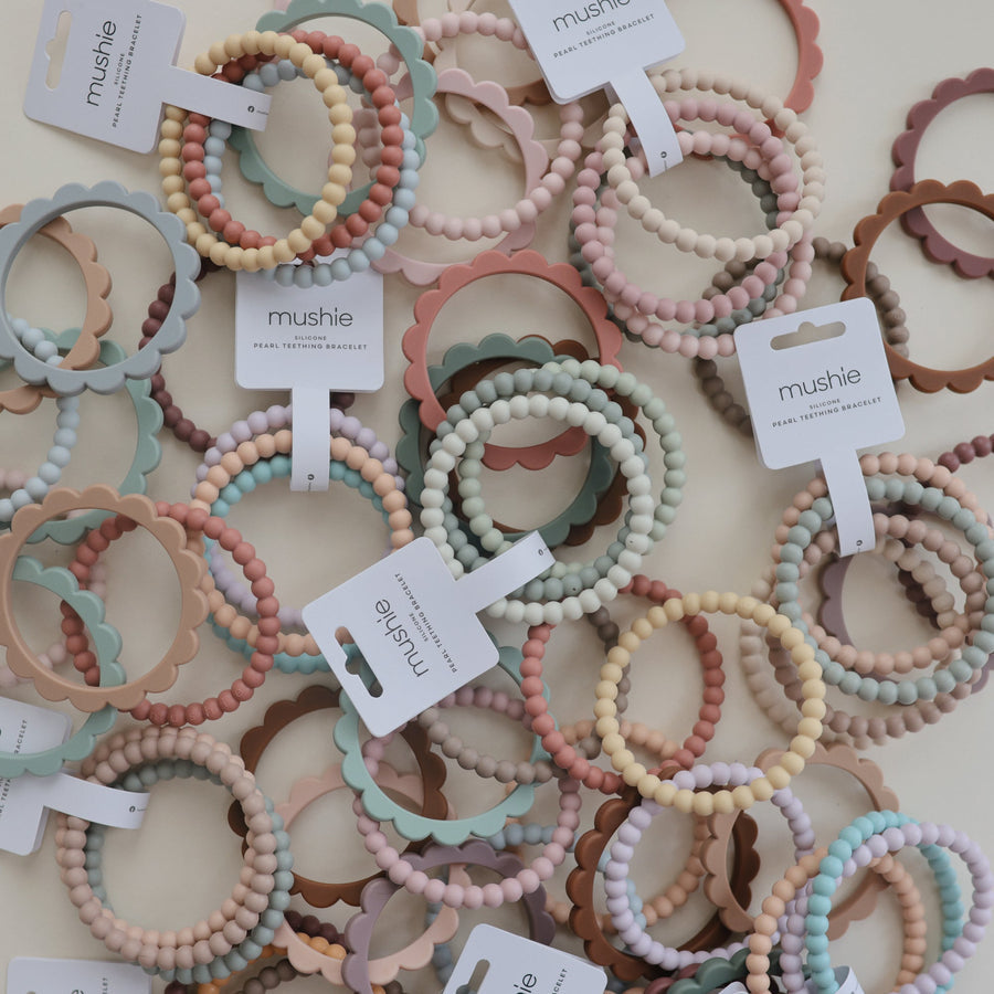 Mushie Silicone Pearl Teether Bracelets Clary Sage/Tuscany/Desert Sand - Laadlee