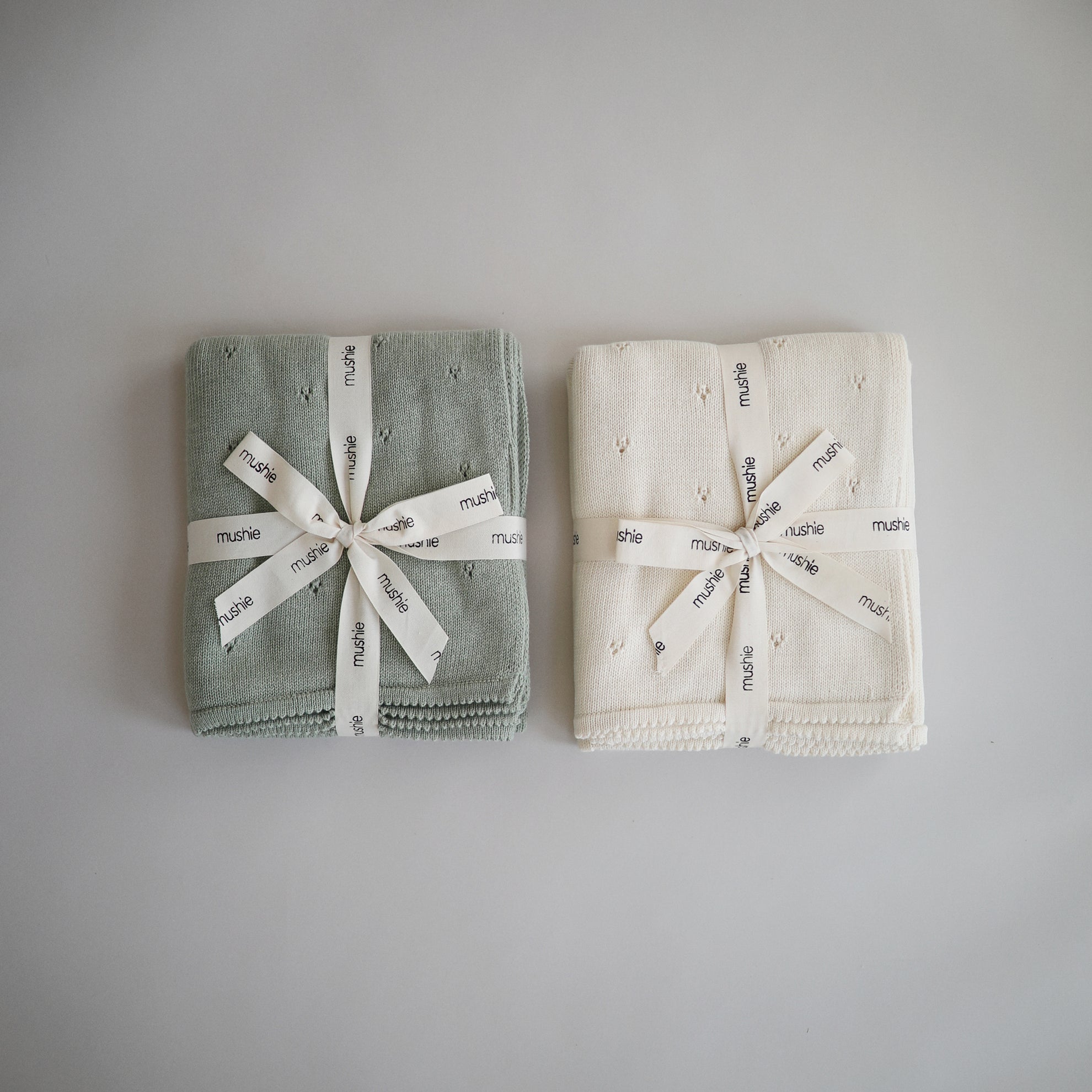 Mushie Knitted Baby Blanket Pointelle Sage Melange - Laadlee