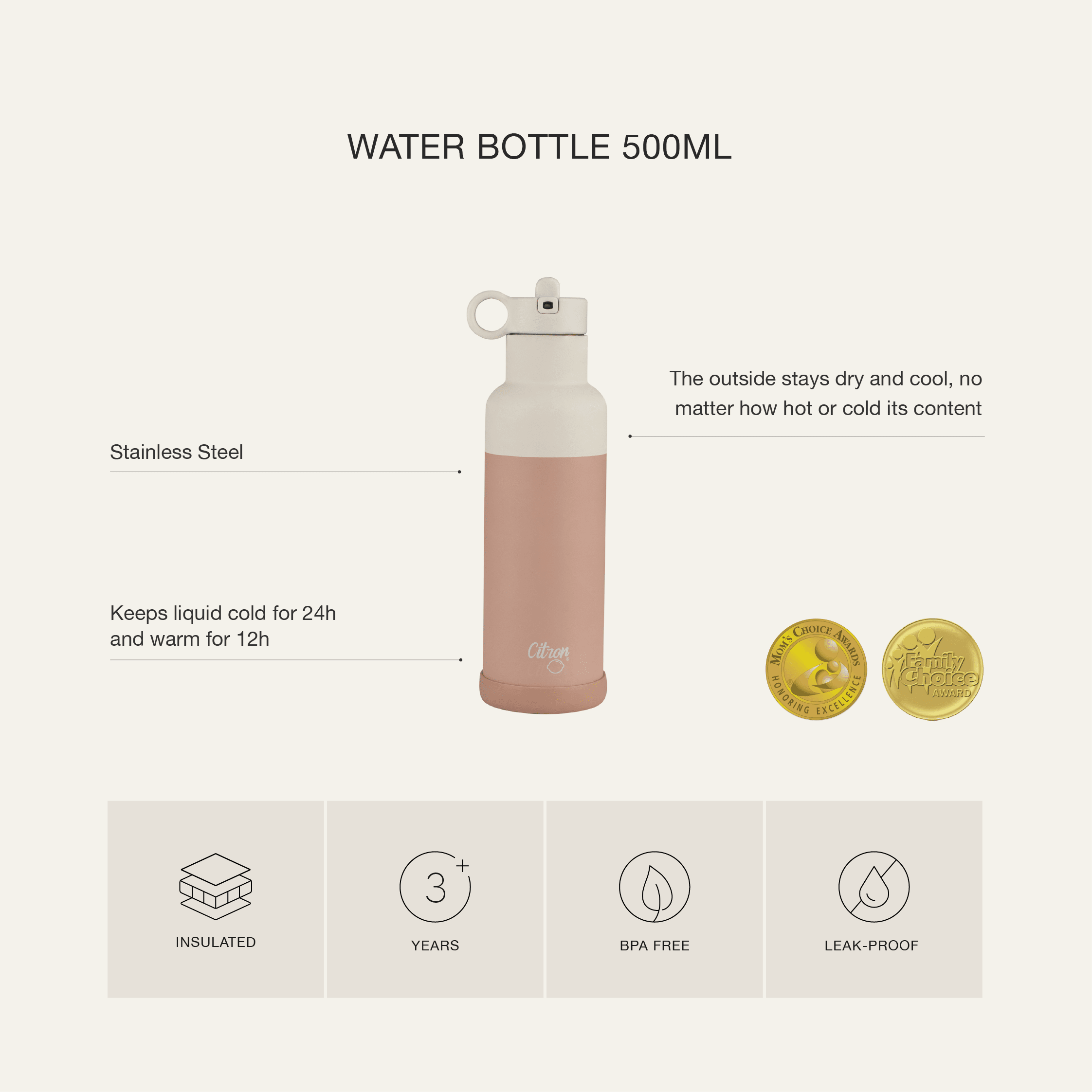 Citron Stainless Steel Water Bottle 500ml - Brown - Laadlee