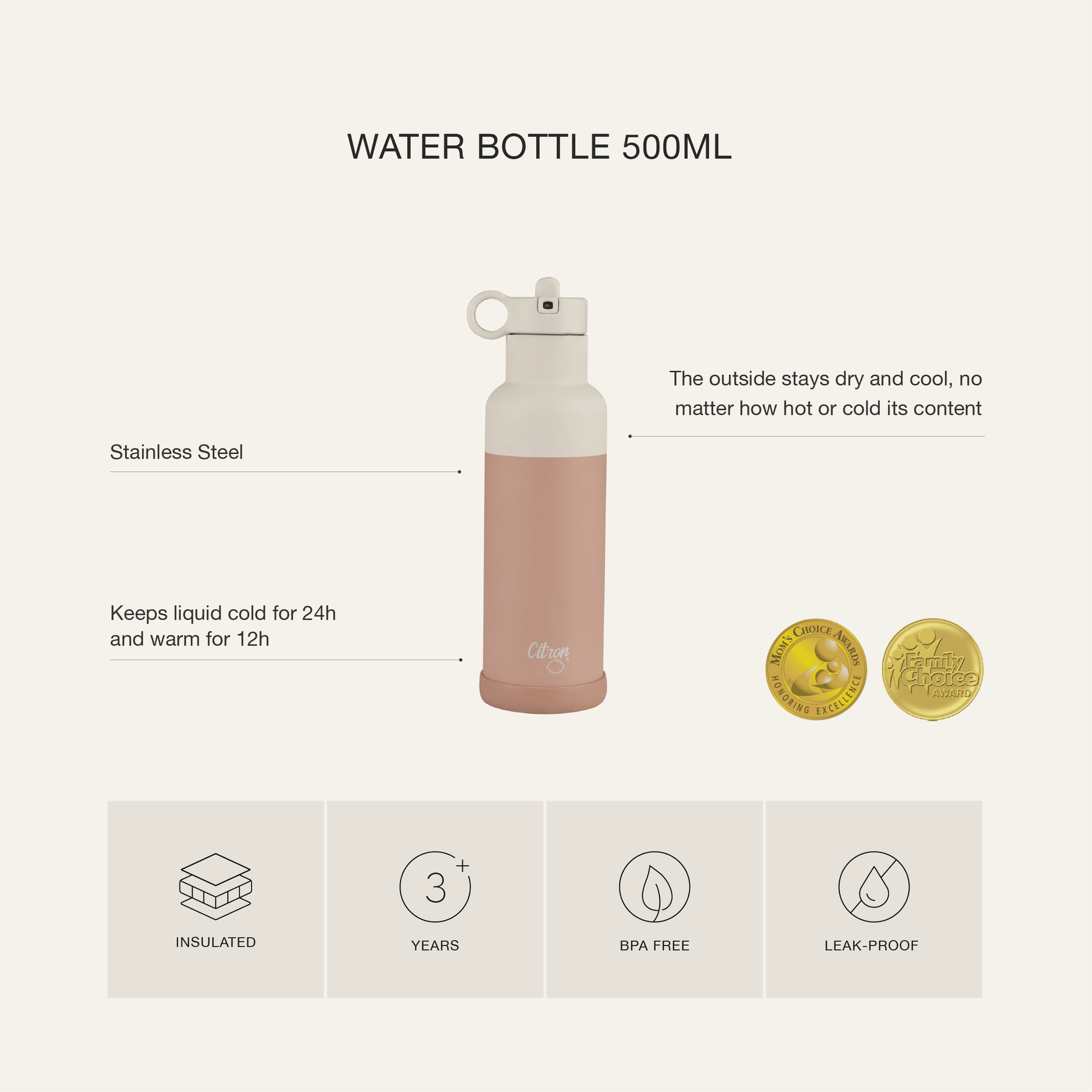 Citron Stainless Steel Water Bottle 500ml - Blush Pink - Laadlee