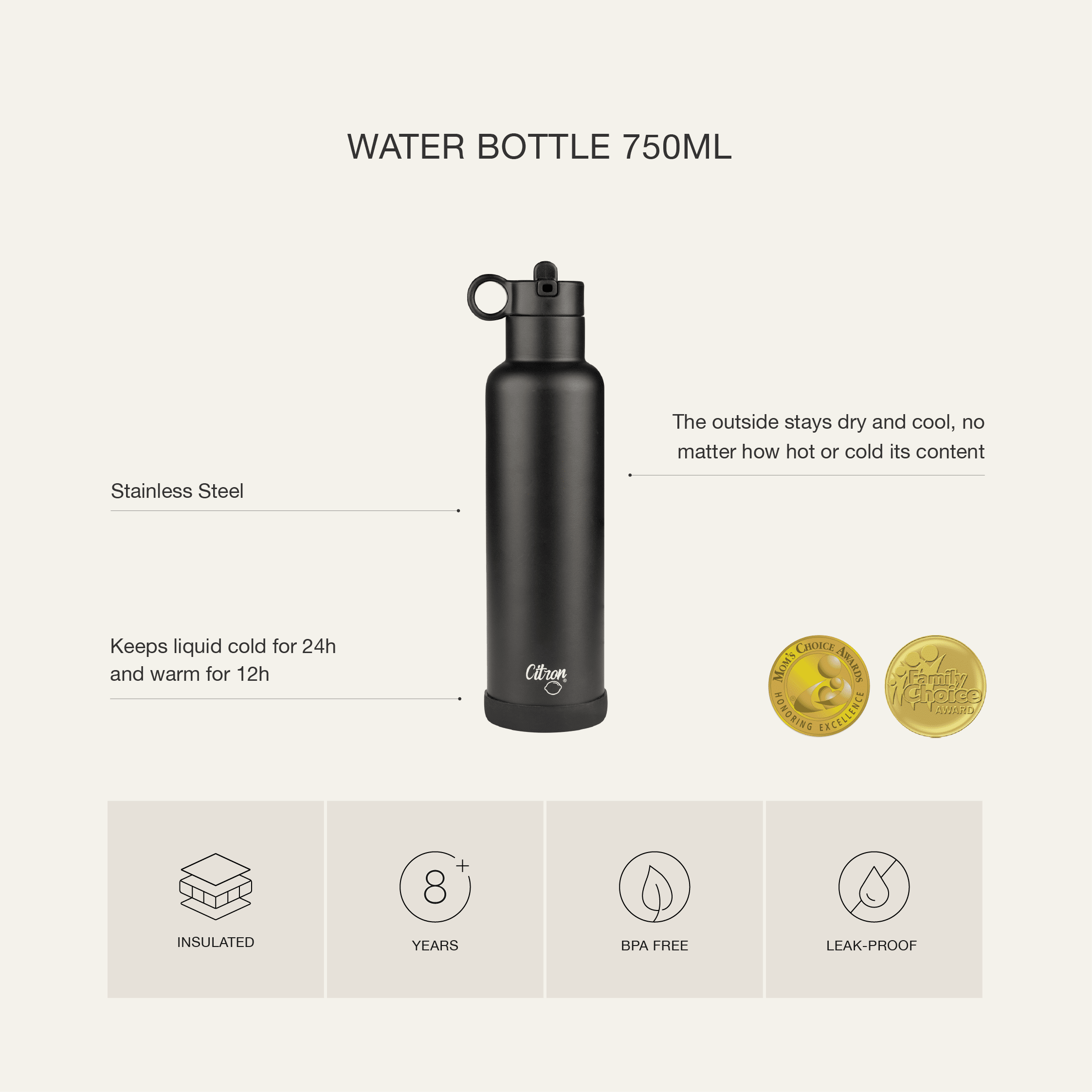 Citron Stainless Steel Water Bottle 750ml - Black - Laadlee