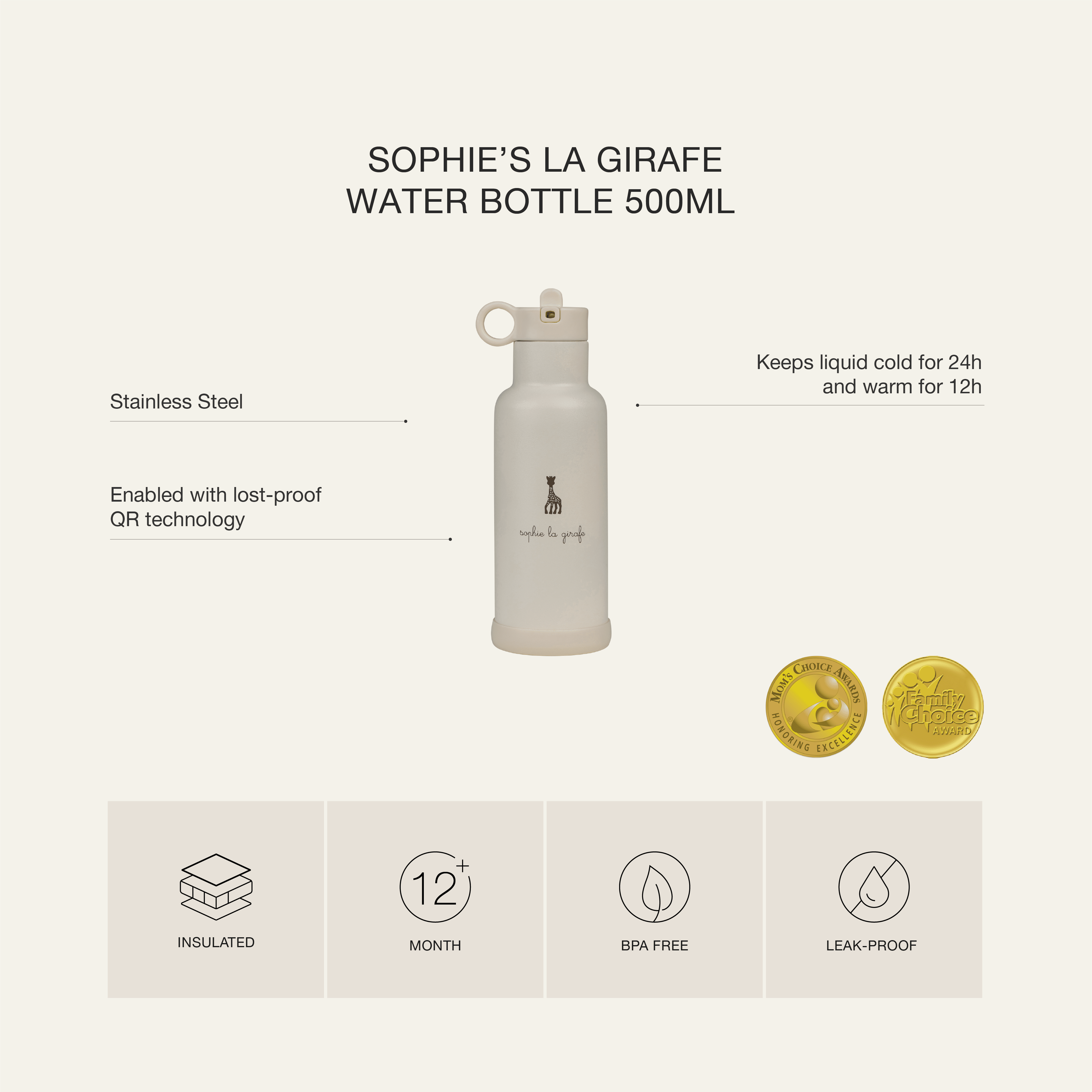 Citron Stainless Steel Water Bottle 500ml - Sophie la Girafe - Laadlee