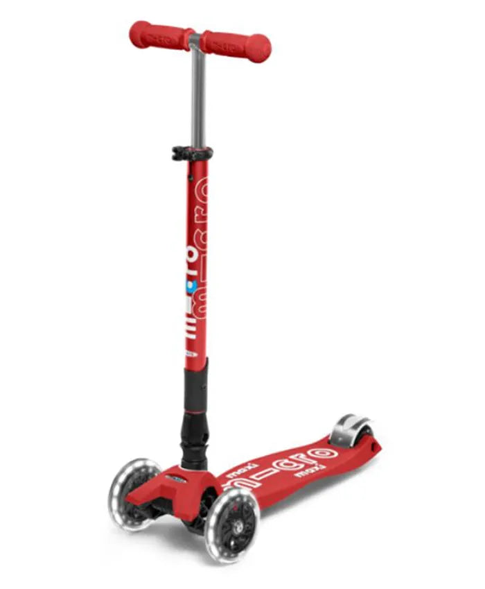 Micro Maxi Deluxe Scooter With T Bar & LED Wheels - Red - Laadlee