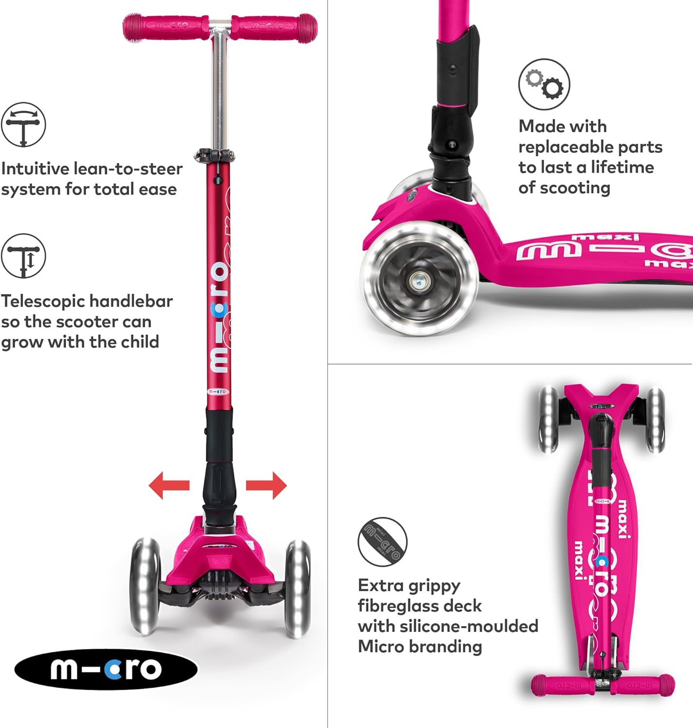 Micro Maxi Deluxe Foldable LED Scooter - Shocking Pink - Laadlee