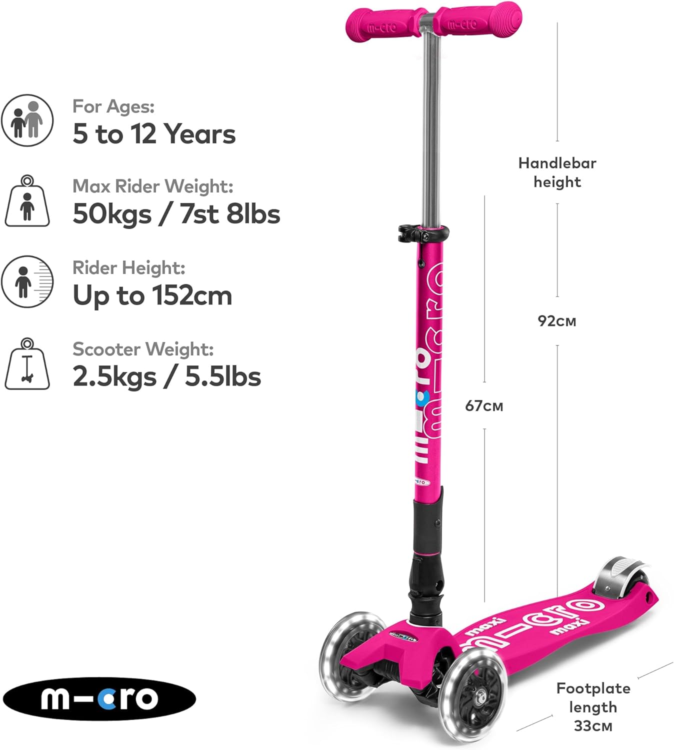 Micro Maxi Deluxe Foldable LED Scooter - Shocking Pink - Laadlee