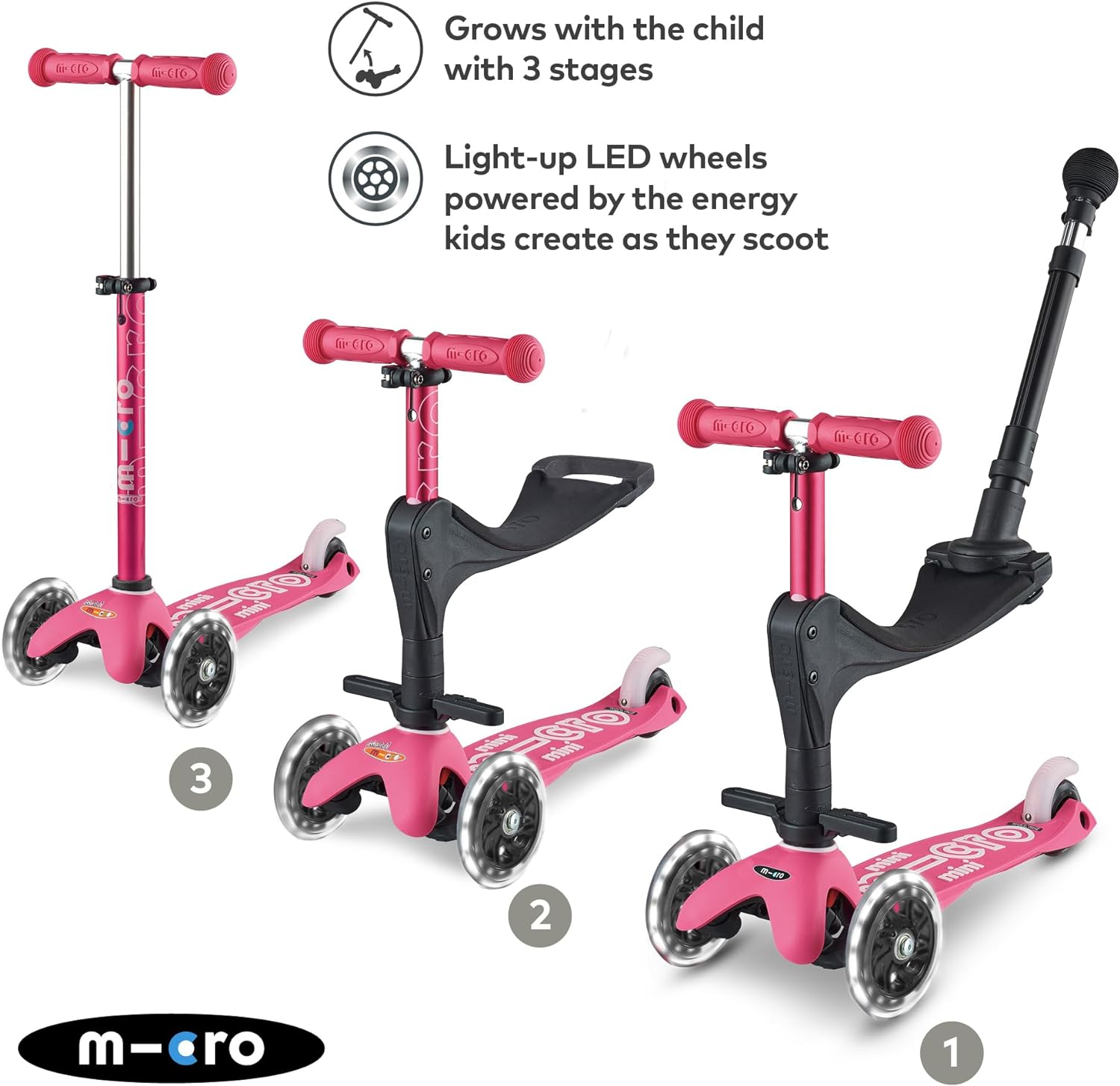 Micro Mini 3-in-1 Deluxe Plus Scooter with LED Wheels - Pink - Laadlee