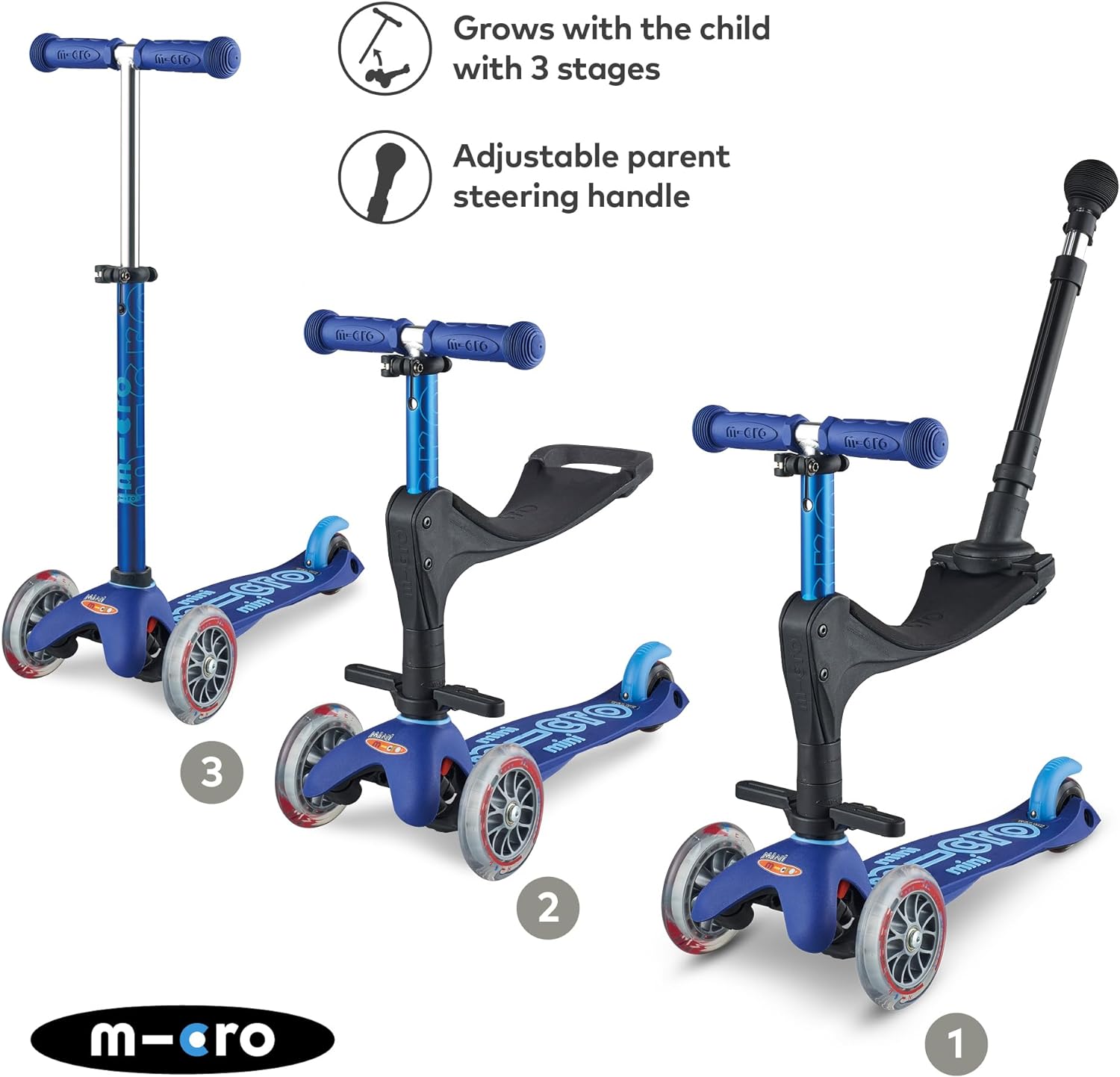 Micro Mini 3-in-1 Deluxe Plus Scooter with LED Wheels - Blue - Laadlee