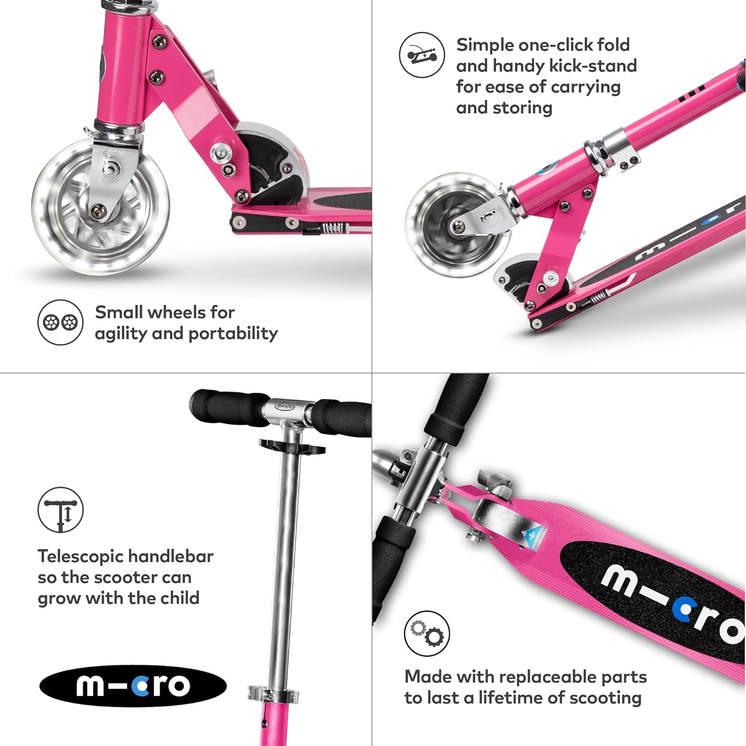 Micro Sprite Scooter with LED Wheels - Pink - Laadlee