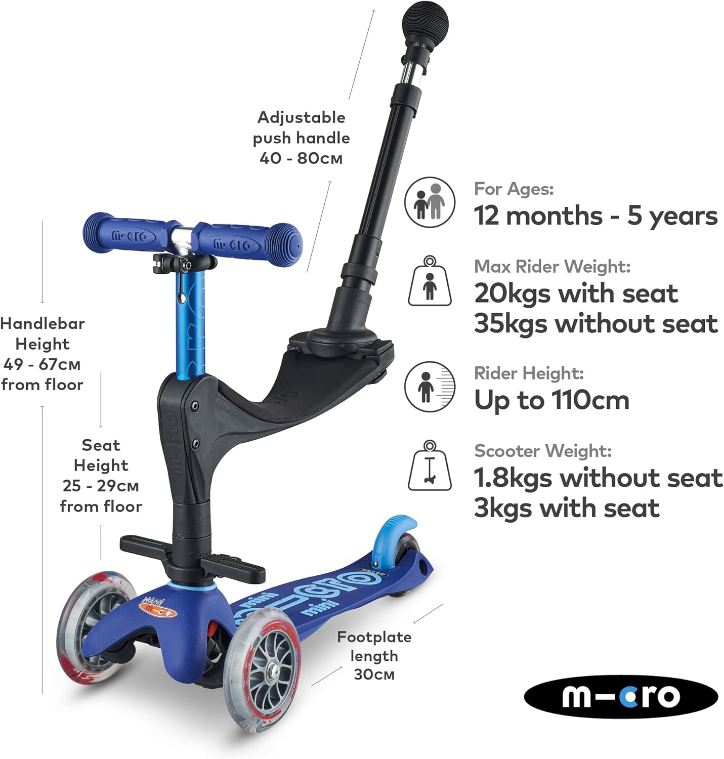 Micro Mini 3-in-1 Deluxe Plus Scooter with LED Wheels - Blue - Laadlee