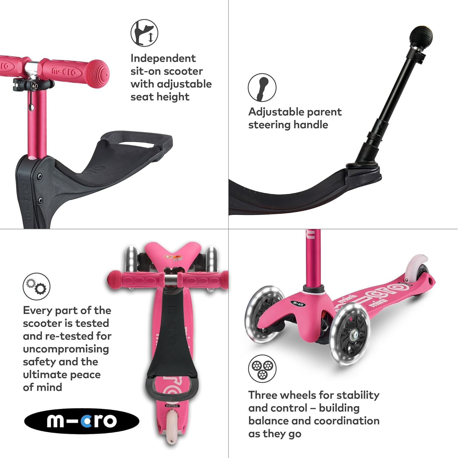 Micro Mini 3-in-1 Deluxe Plus Scooter with LED Wheels - Pink - Laadlee