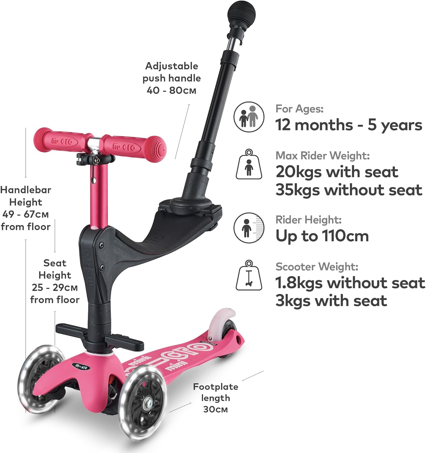 Micro Mini 3-in-1 Deluxe Plus Scooter with LED Wheels - Pink - Laadlee
