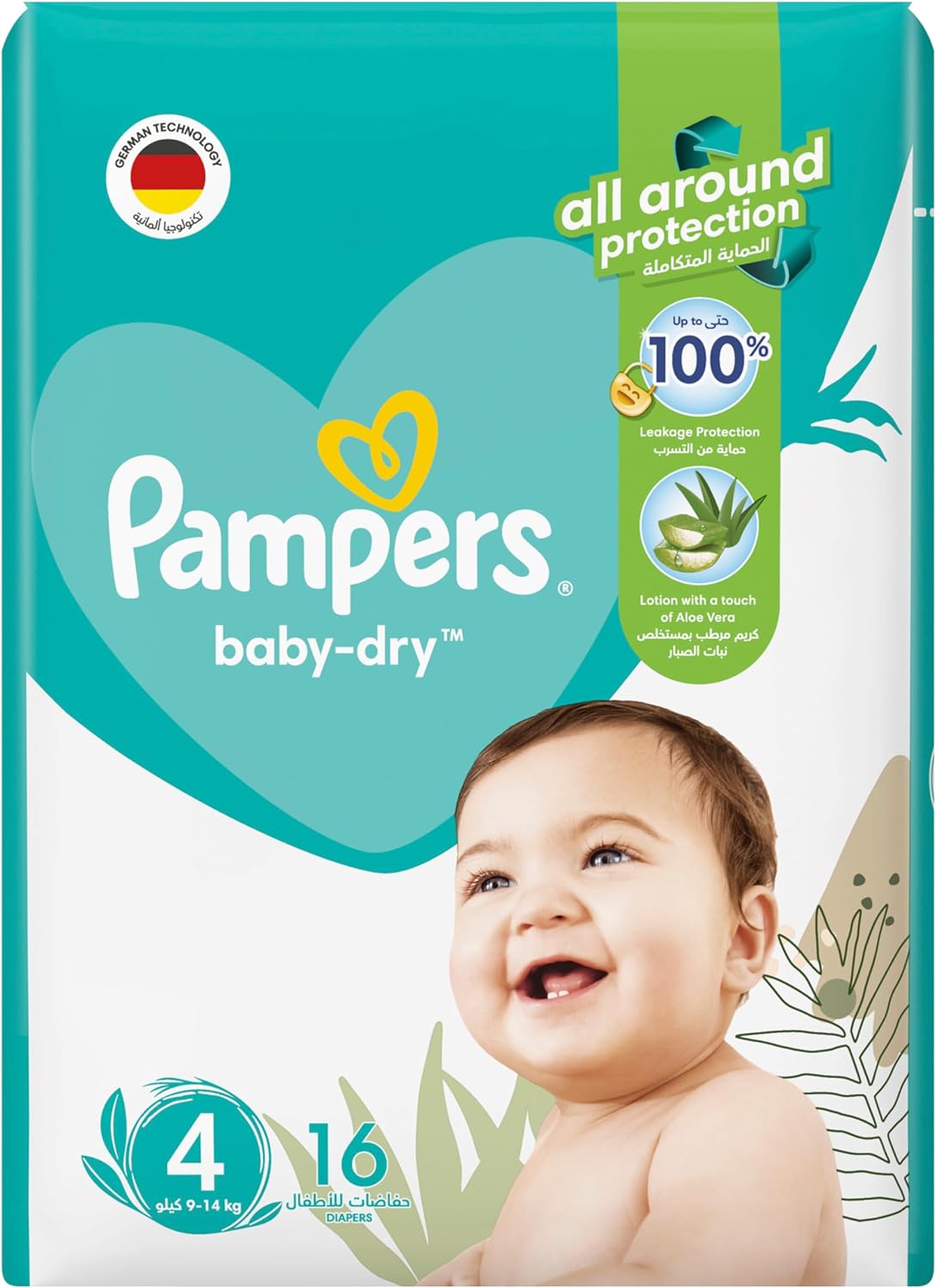 Pampers Baby-Dry Taped Diapers with Aloe Vera Lotion, up to 100% Leakage Protection, Size 4, 9-14kg, 16 Count - Laadlee
