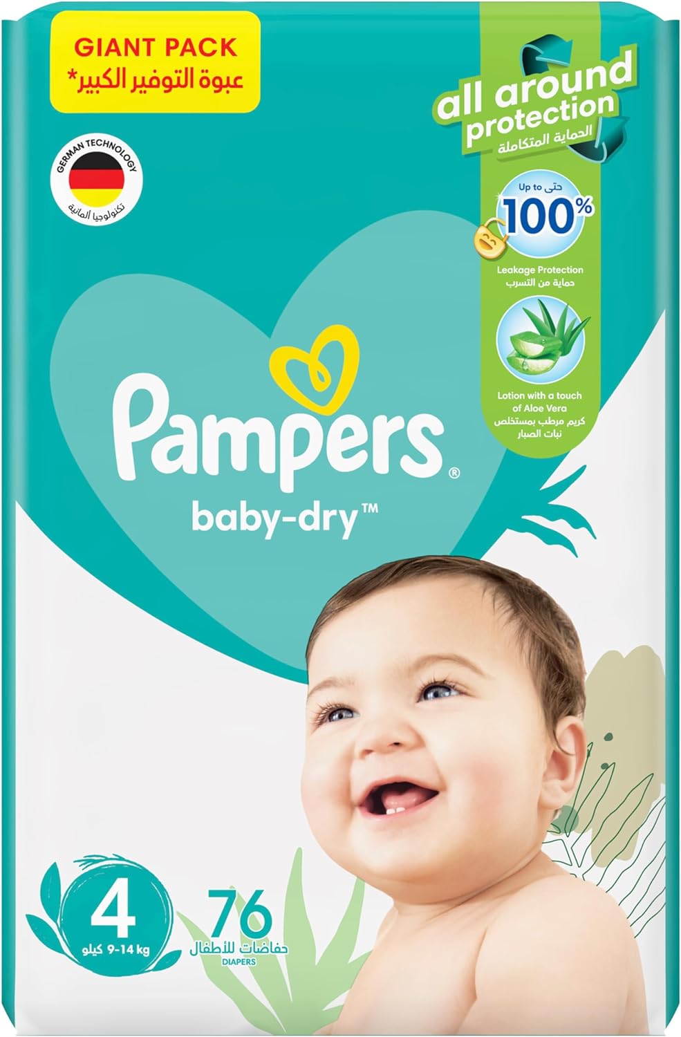 Pampers Baby-Dry Taped Diapers with Aloe Vera Lotion, up to 100% Leakage Protection, Size 4, 9-14kg, 76 Count - Laadlee