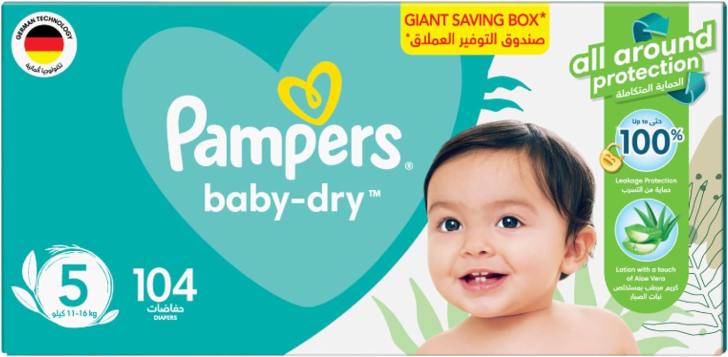 Pampers Baby-Dry Taped Diapers with Aloe Vera Lotion, up to 100% Leakage Protection, Size 5, 11-16kg, 104 Count - Laadlee