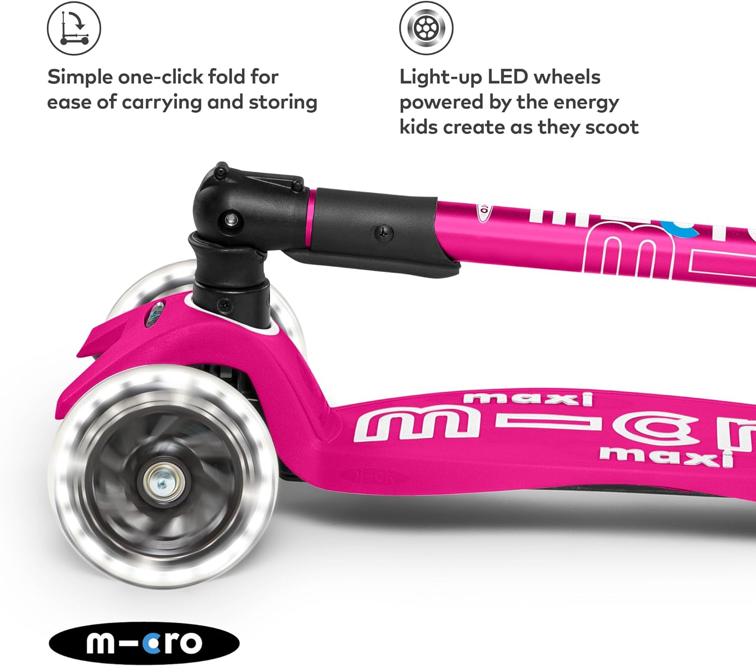 Micro Maxi Deluxe Foldable LED Scooter - Shocking Pink - Laadlee