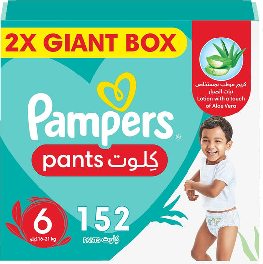Pampers Baby-Dry Pants Diapers with Aloe Vera Lotion, 360 Fit & up to 100% Leakproof, Size 6, 16-21kg, Double Giant Box, 152 Count - Laadlee