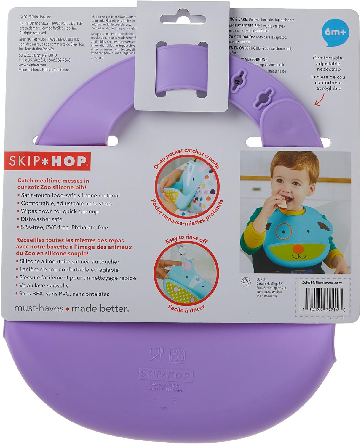 Skip Hop Zoo Fold & Go Silicone Bib - Narwhal - Laadlee