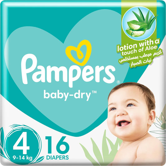 Pampers Baby-Dry Taped Diapers with Aloe Vera Lotion, up to 100% Leakage Protection, Size 4, 9-14kg, 16 Count - Laadlee