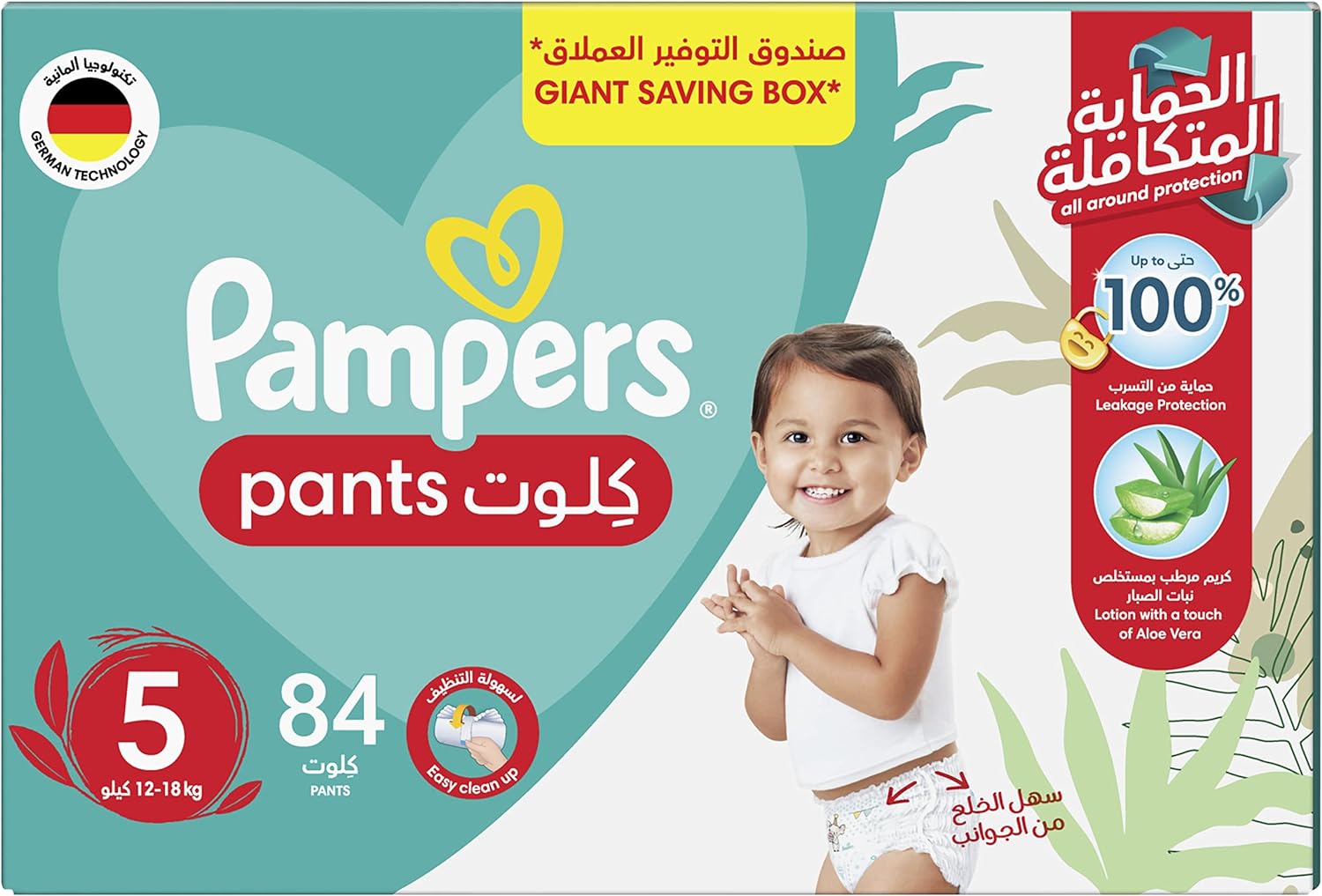 Pampers Baby-Dry Pants Diapers with Aloe Vera Lotion, 360 Fit & up to 100% Leakproof, Size 5, 12-18kg, Giant Box, 84 Count - Laadlee