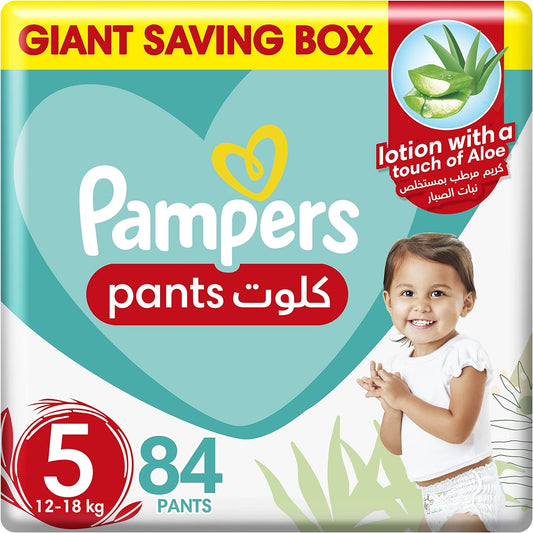 Pampers Baby-Dry Pants Diapers with Aloe Vera Lotion, 360 Fit & up to 100% Leakproof, Size 5, 12-18kg, Giant Box, 84 Count - Laadlee