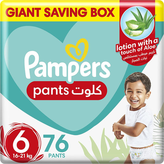 Pampers Baby-Dry Pants Diapers with Aloe Vera Lotion, 360 Fit & up to 100% Leakproof, Size 6, 16-21kg, Giant Pack, 76 Count - Laadlee