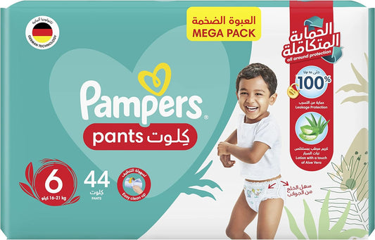 Pampers Baby-Dry Pants Diapers with Aloe Vera Lotion, 360 Fit & up to 100% Leakproof, Size 6, 16-21kg, Mega Pack, 44 Count - Laadlee