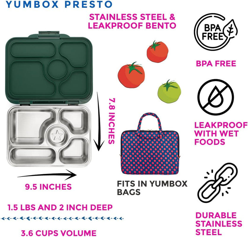 Yumbox Presto 5 Compartment Stainless Steel Lunch Box - Kale Green - Laadlee